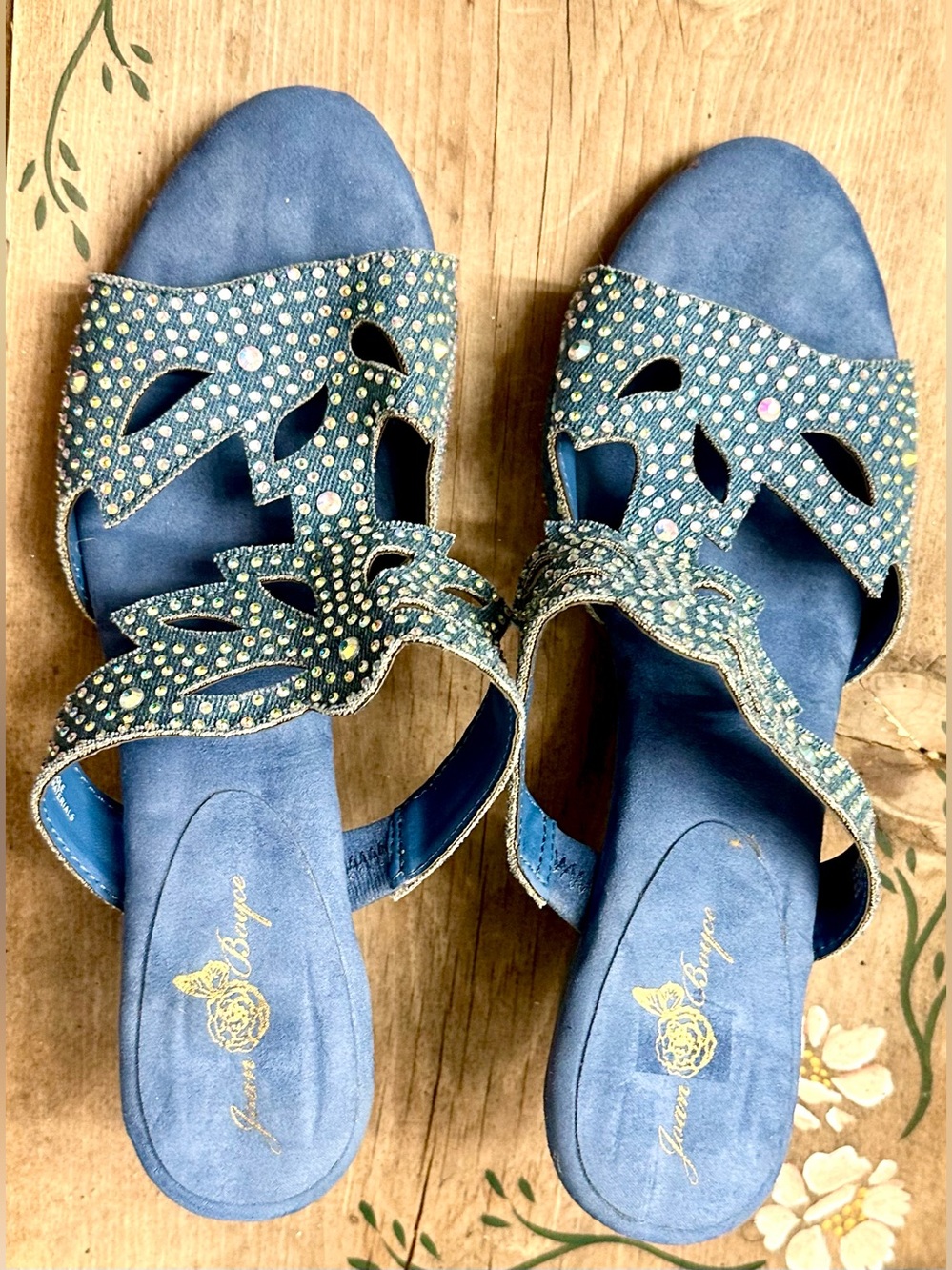 Joan Boyce Blue Jeweled Cutout Slide Sandals